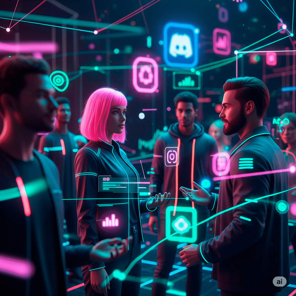 lustración conceptual de una comunidad digital conectada en red, con íconos de plataformas como Discord y Circle.so, representando la interacción entre usuarios y marcas.