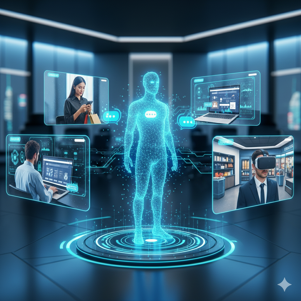 "Chatbot futurista holográfico anticipando necesidades del cliente con recomendaciones automatizadas."