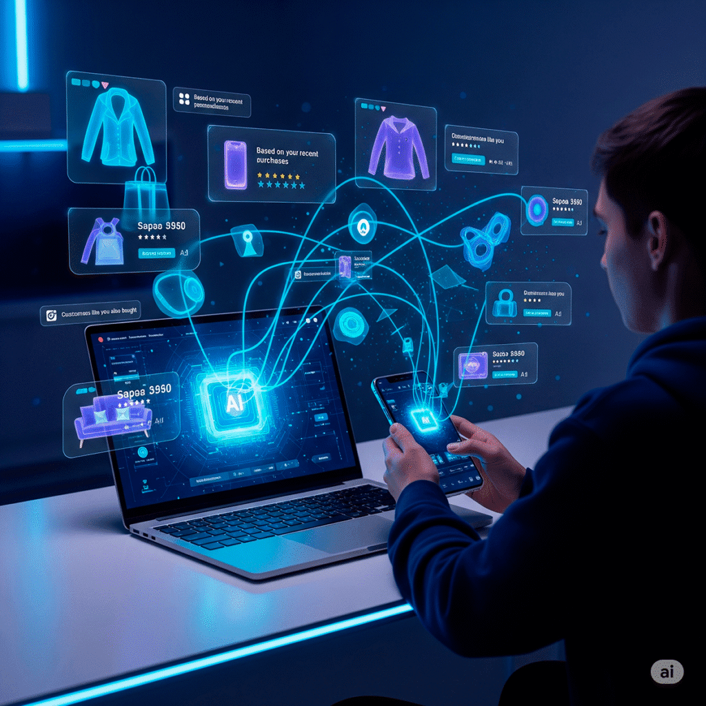 IA mostrando recomendaciones personalizadas en tiempo real en laptop y móvil, hiperpersonalización 2.0 en acción.