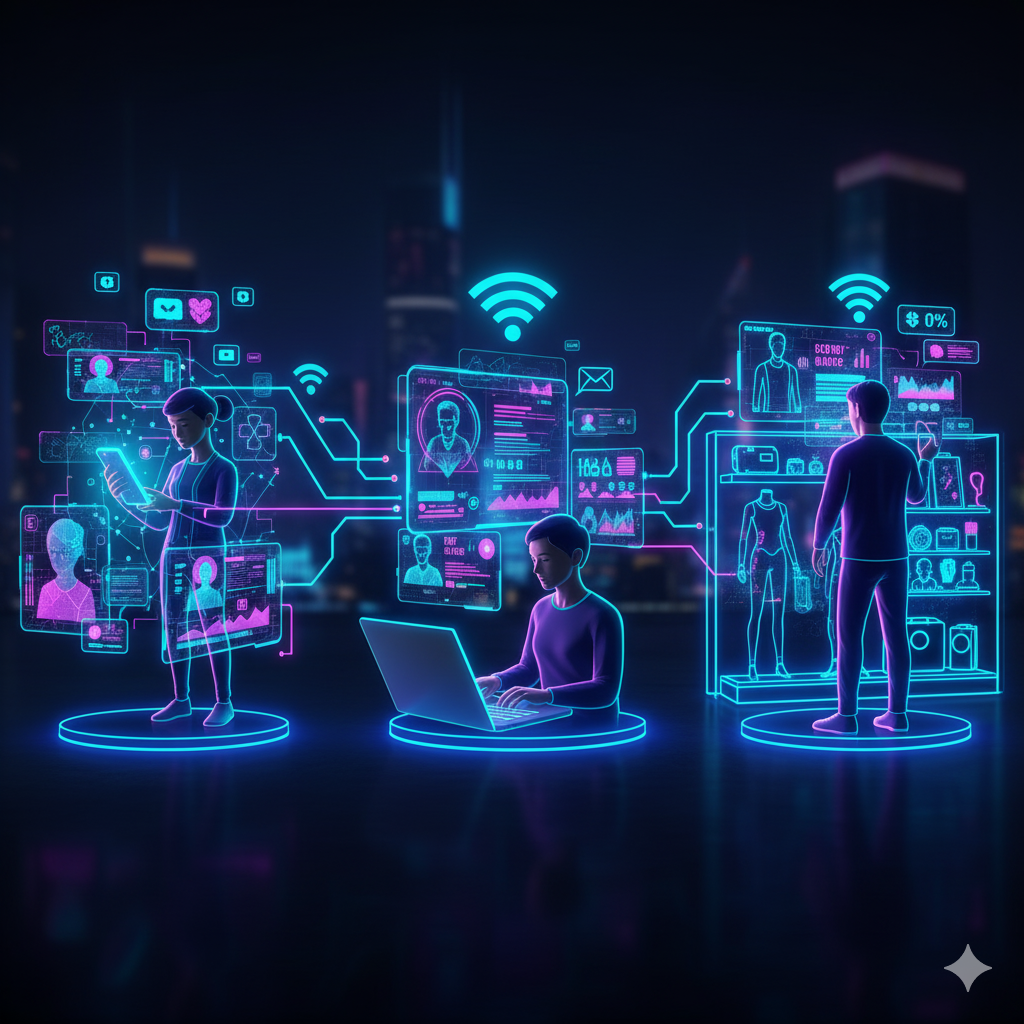 Gráfico de un sistema central que reúne datos de web, apps, redes sociales y tiendas físicas en un único perfil de cliente.