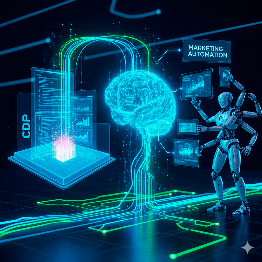 Ilustración de un cerebro digital (IA), una base de datos unificada (CDP) y brazos robóticos (automatización) trabajando en sincronía alrededor de un recorrido de cliente.