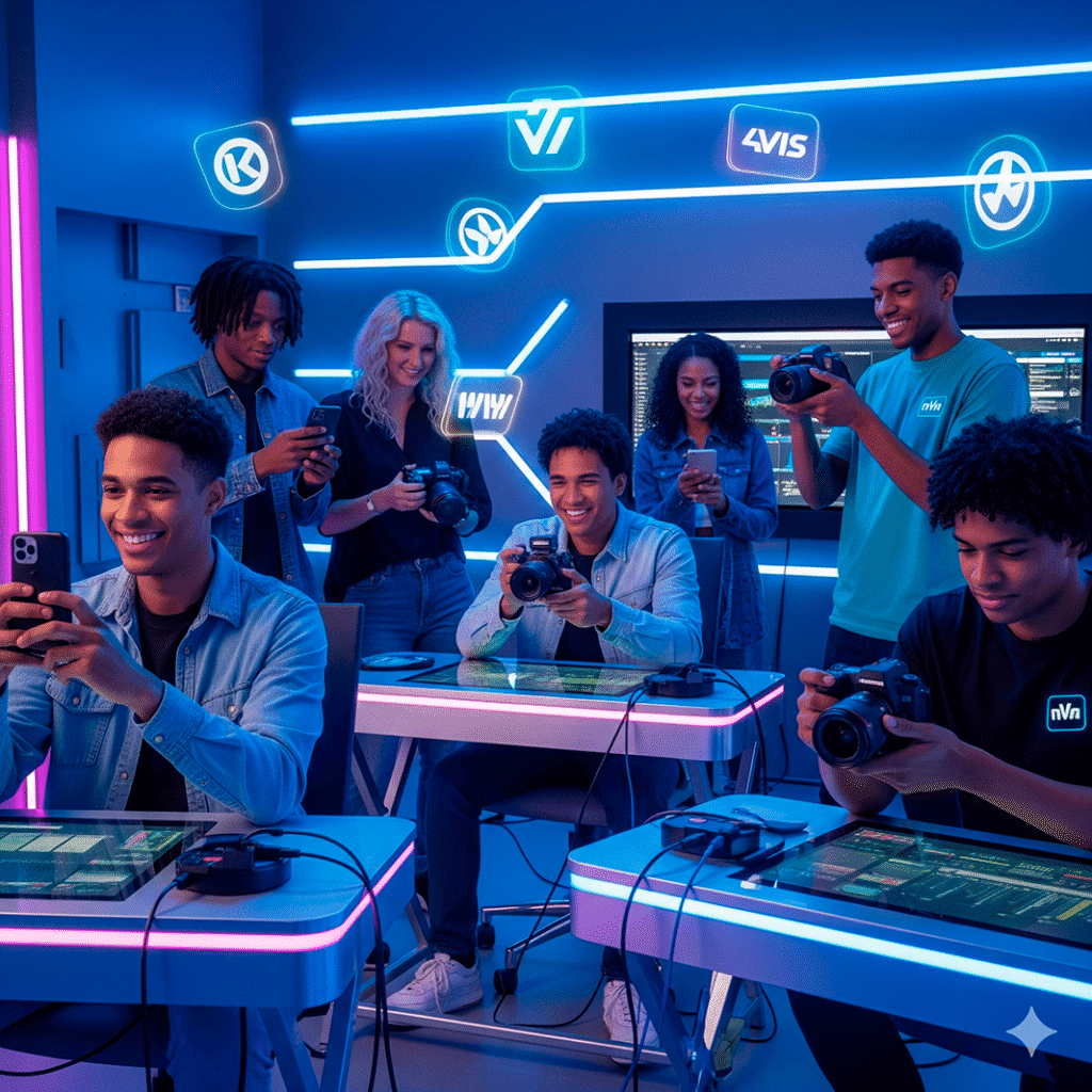 “Grupo diverso de micro-creadores produciendo contenido con smartphones y cámaras para distintas marcas en un ambiente moderno.”