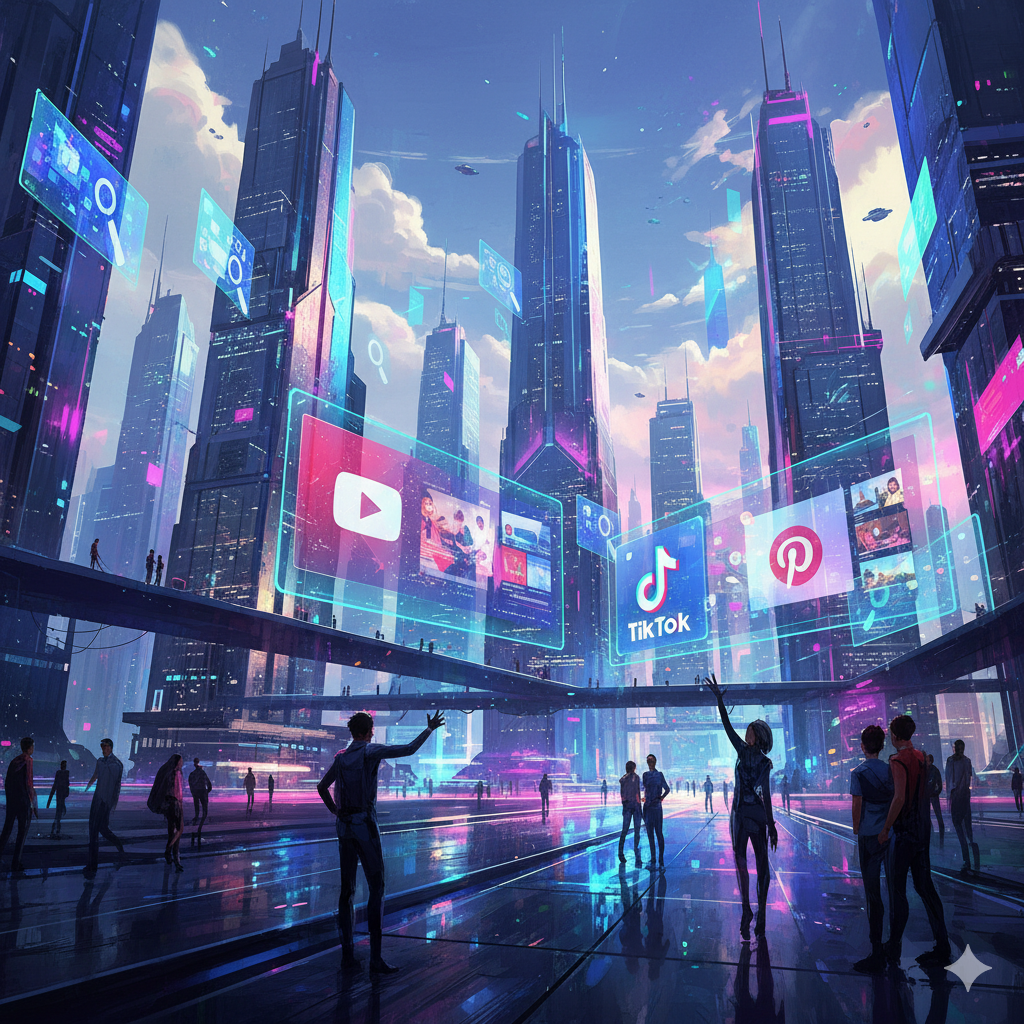 “Ciudad futurista con hologramas de YouTube, TikTok y Pinterest, ilustración del futuro del SEO visual y de vídeo.”