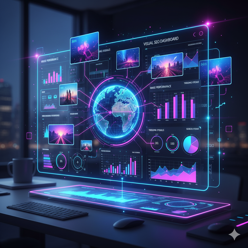 “Interfaz holográfica futurista analizando datos de SEO visual, miniaturas y métricas en 3D.”