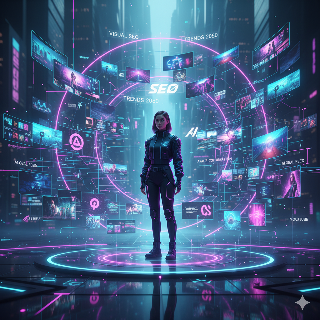 “Persona en un centro circular de contenido holográfico con keywords flotando, ciclo del SEO visual.”