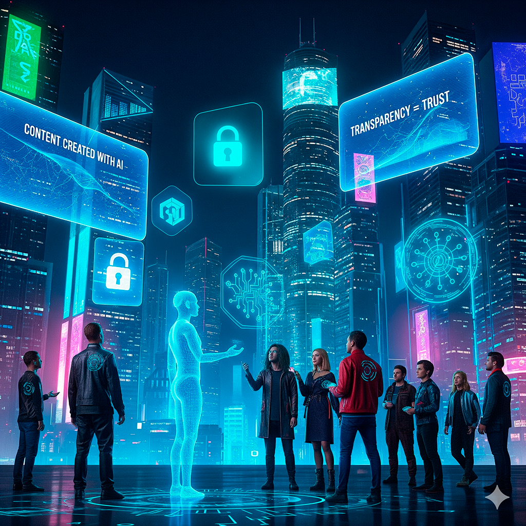 “Representación futurista de un equipo de marketing mostrando en pantalla cómo su IA toma decisiones de forma clara y explicable.”