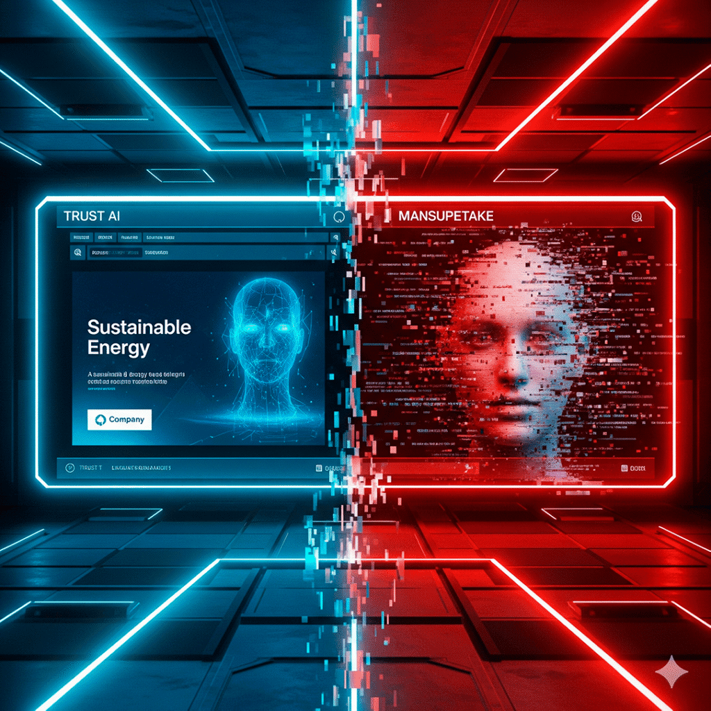 “Ilustración de una pantalla dividida mostrando un deepfake de un famoso en un anuncio y la versión real sin manipular.”