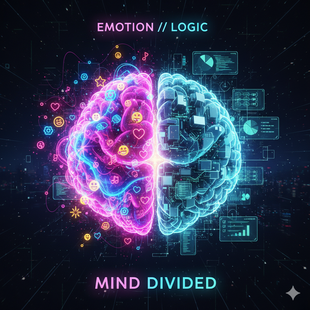 “Arte digital futurista que representa el neurocopywriting para aumentar conversiones mostrando un cerebro dividido entre emoción y lógica con íconos holográficos.”