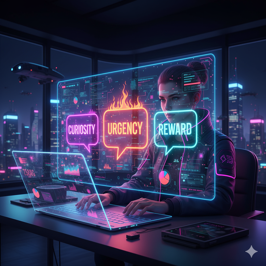 “Ilustración futurista sobre neurocopywriting para aumentar conversiones con persona leyendo titulares holográficos y palabras disparadoras de curiosidad y urgencia.”