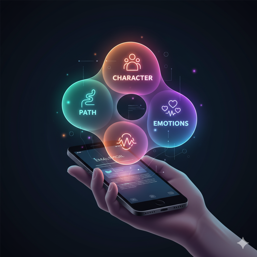 “Arte digital futurista de un email que aplica neurocopywriting para aumentar conversiones proyectando historias holográficas desde un smartphone.”