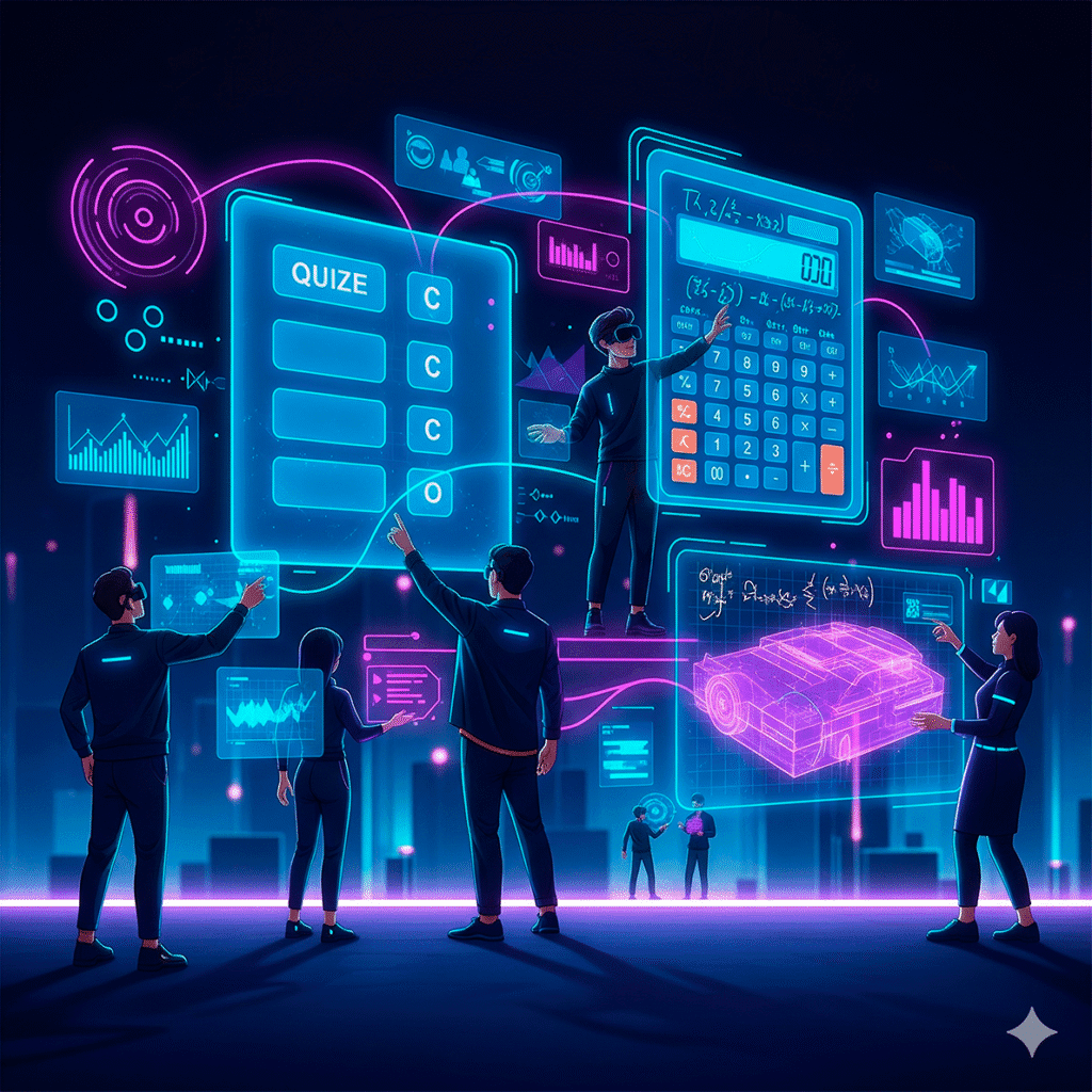 “Personas usando hologramas 3D de quizzes, calculadoras y configuradores en un espacio futurista con datos flotantes.”