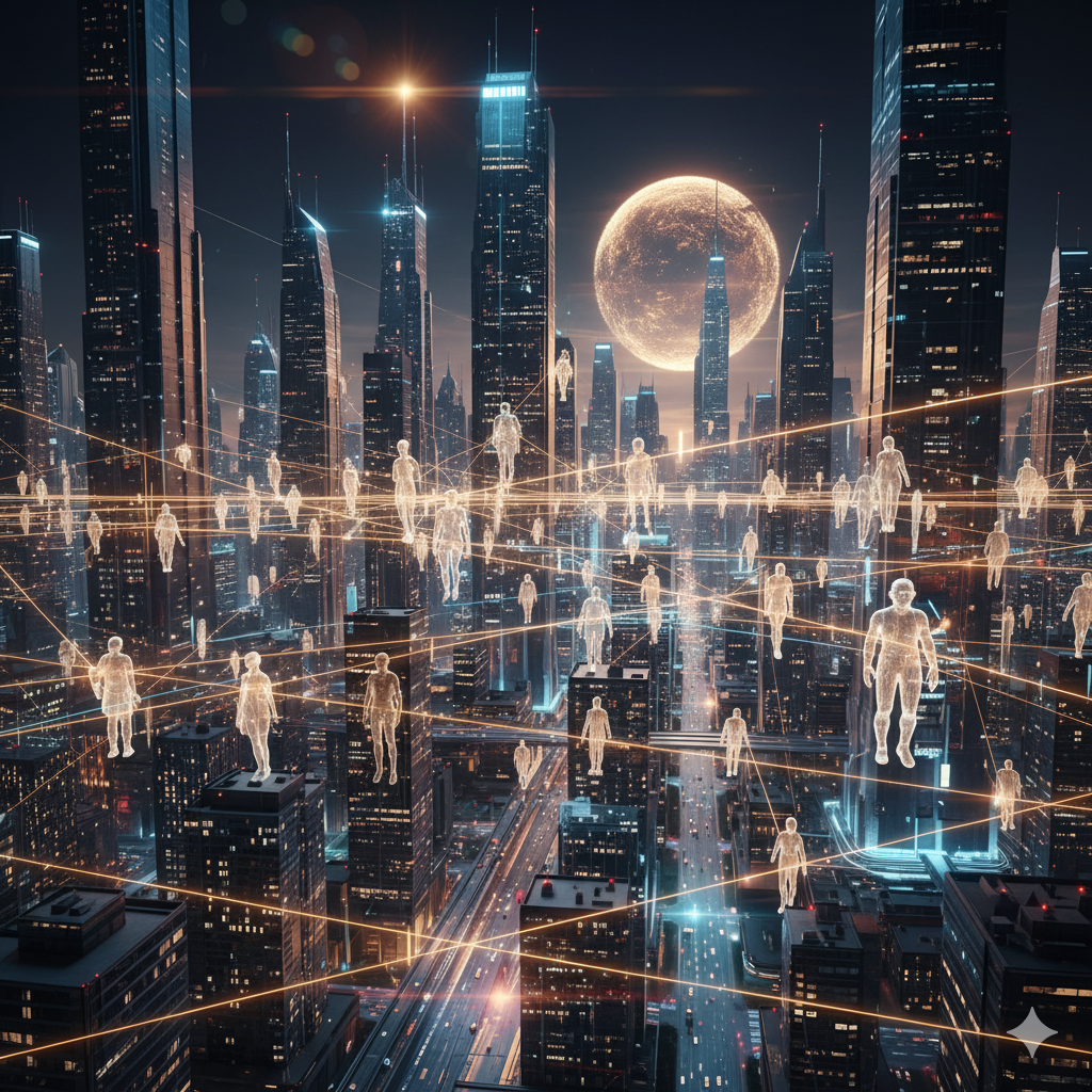 Ciudad futurista con personas conectadas mediante redes de luz, reflejando la confianza y conexión humana en el marketing digital.