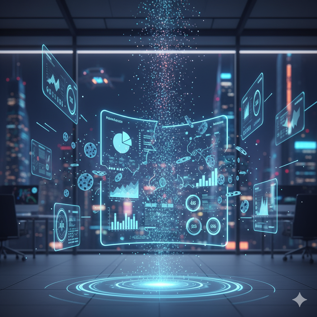 Visual futurista que representa la desaparición de las cookies de terceros con datos digitales desintegrándose.