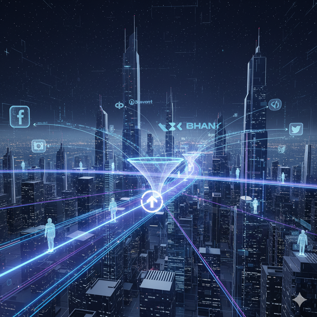 Ciudad digital con rutas luminosas que conectan redes sociales, usuarios y marcas, representando el viaje del cliente.