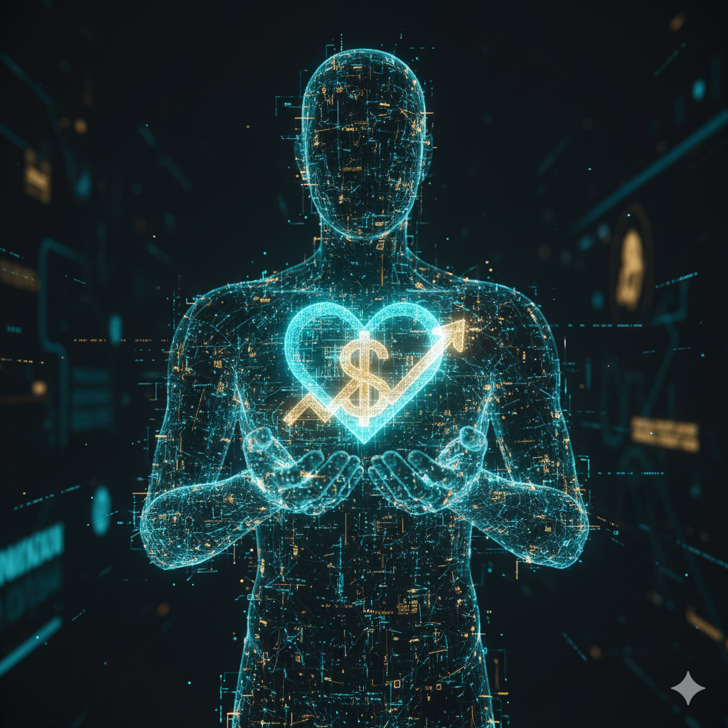 Silueta humana digital sosteniendo un ícono de corazón que se transforma en símbolo de valor económico.