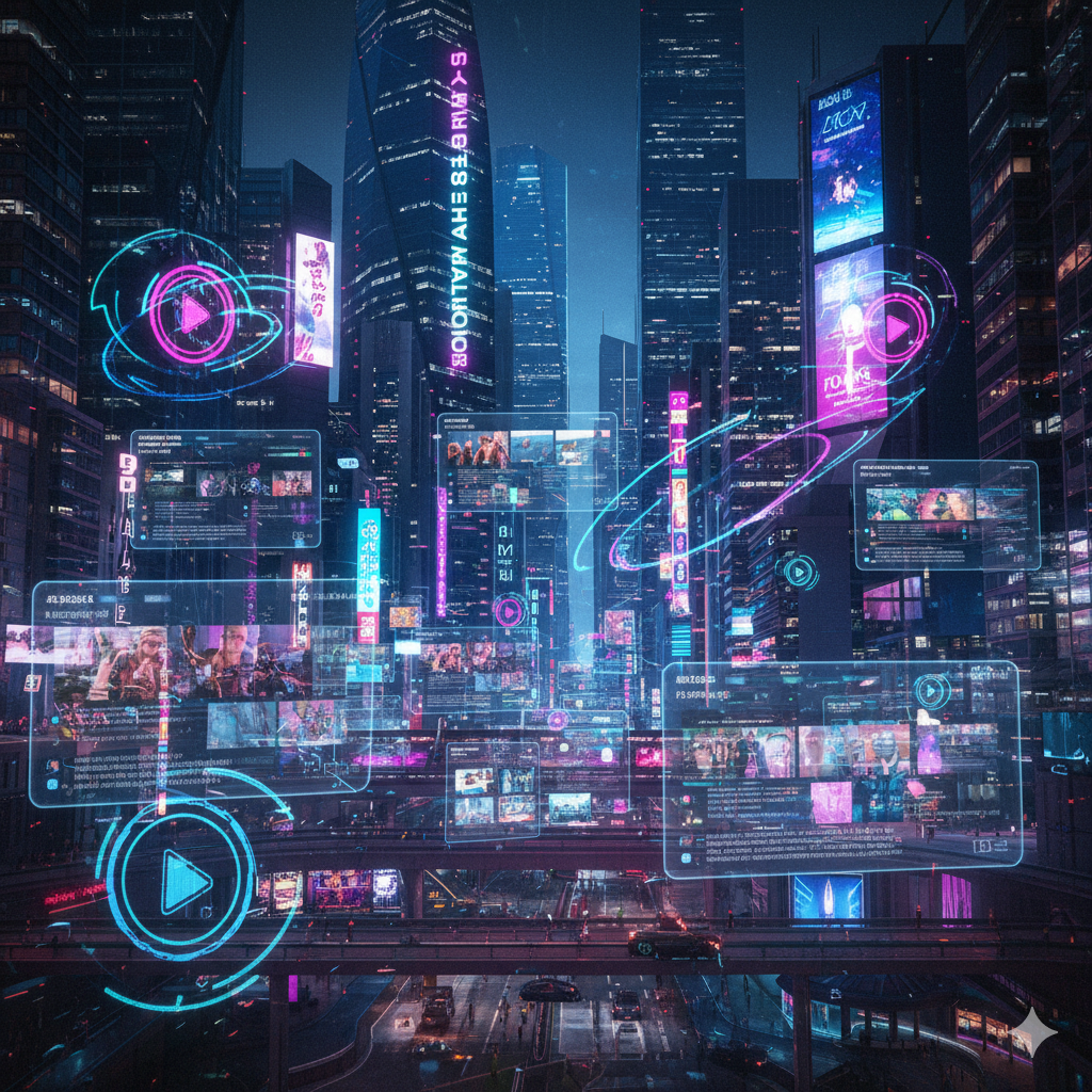 Ilustración futurista con hologramas de redes sociales y videos cortos flotando en el aire.