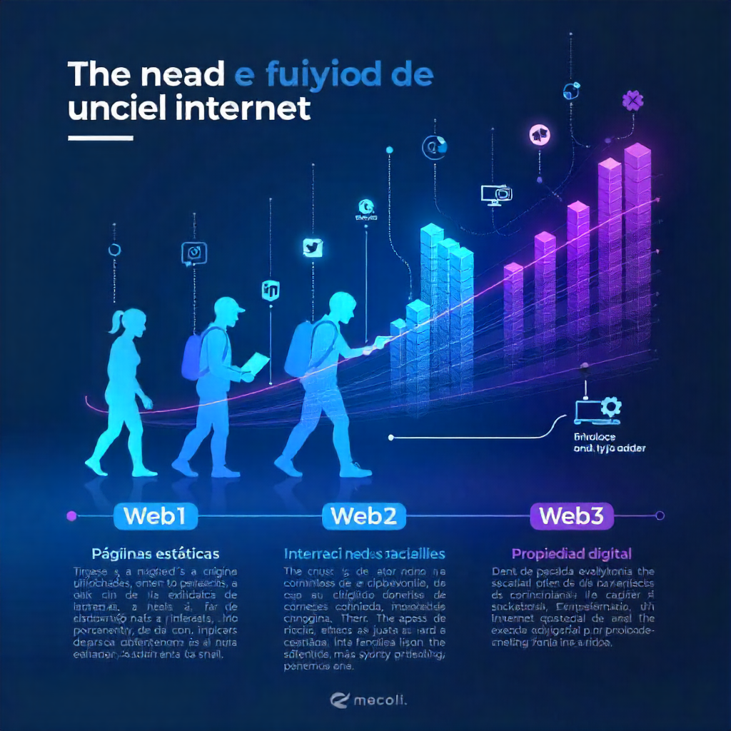 Infografía que muestra la evolución de internet desde Web1 hasta Web3, destacando la transición hacia la propiedad digital y las comunidades descentralizadas.