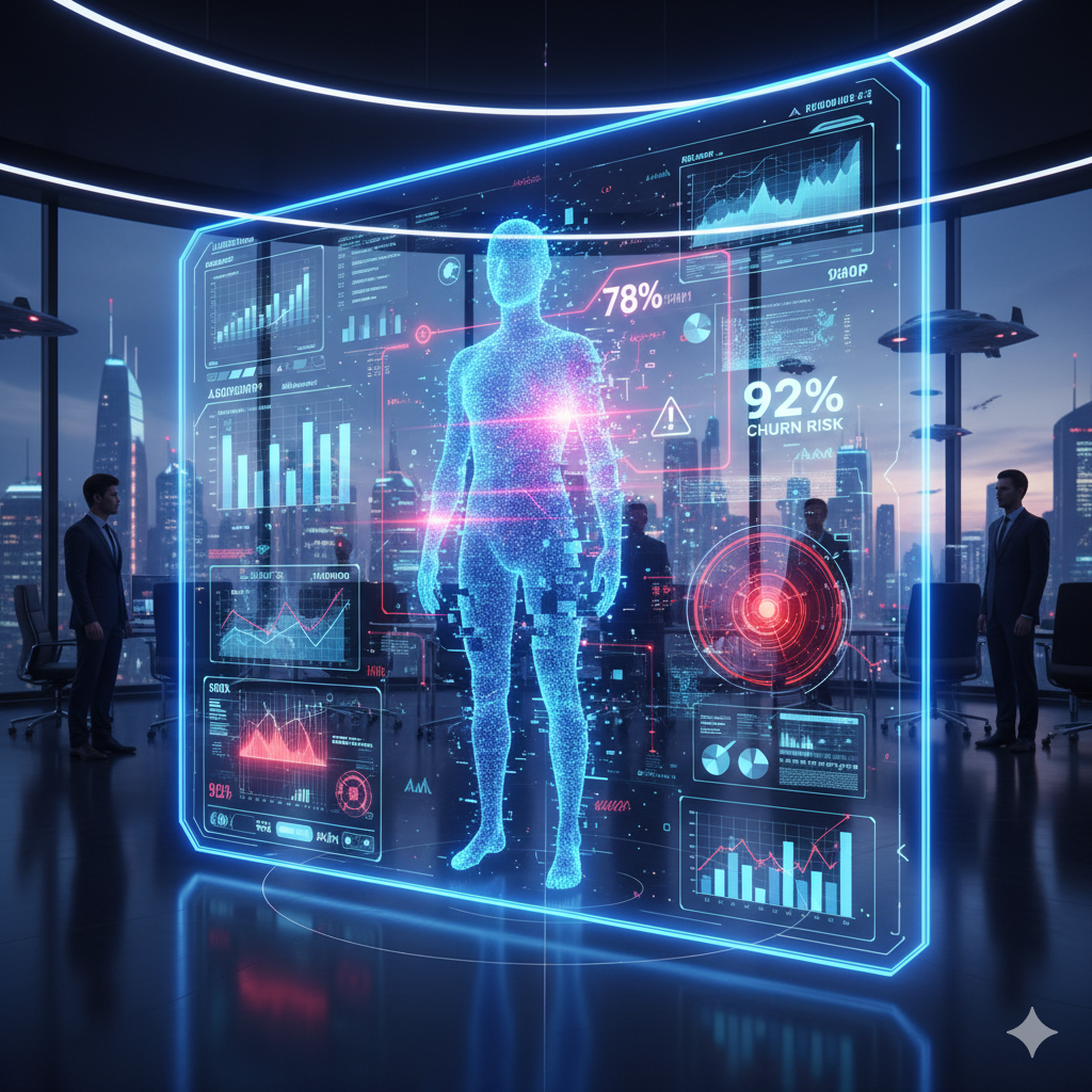 Panel futurista de analítica predictiva señalando clientes con alta probabilidad de abandono mediante hologramas y alertas visuales.