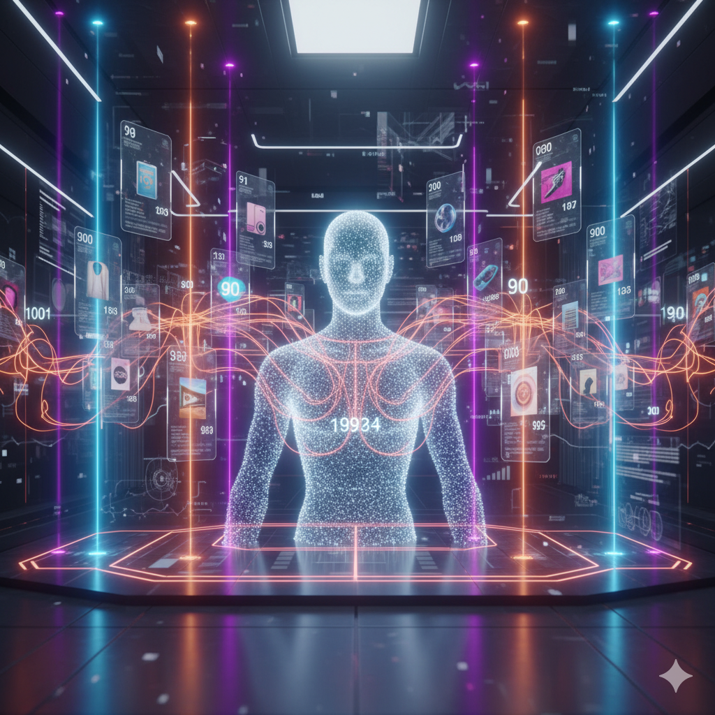 Sistema futurista de inteligencia artificial asignando puntajes de compra a leads mediante hologramas y visualizaciones de datos.