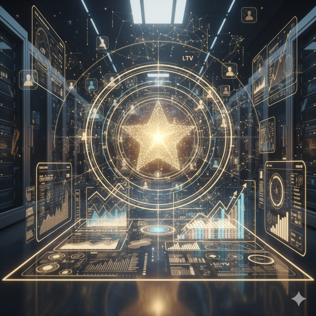 Interfaz futurista de IA destacando clientes de alto valor con gráficos holográficos y patrones predictivos brillantes.